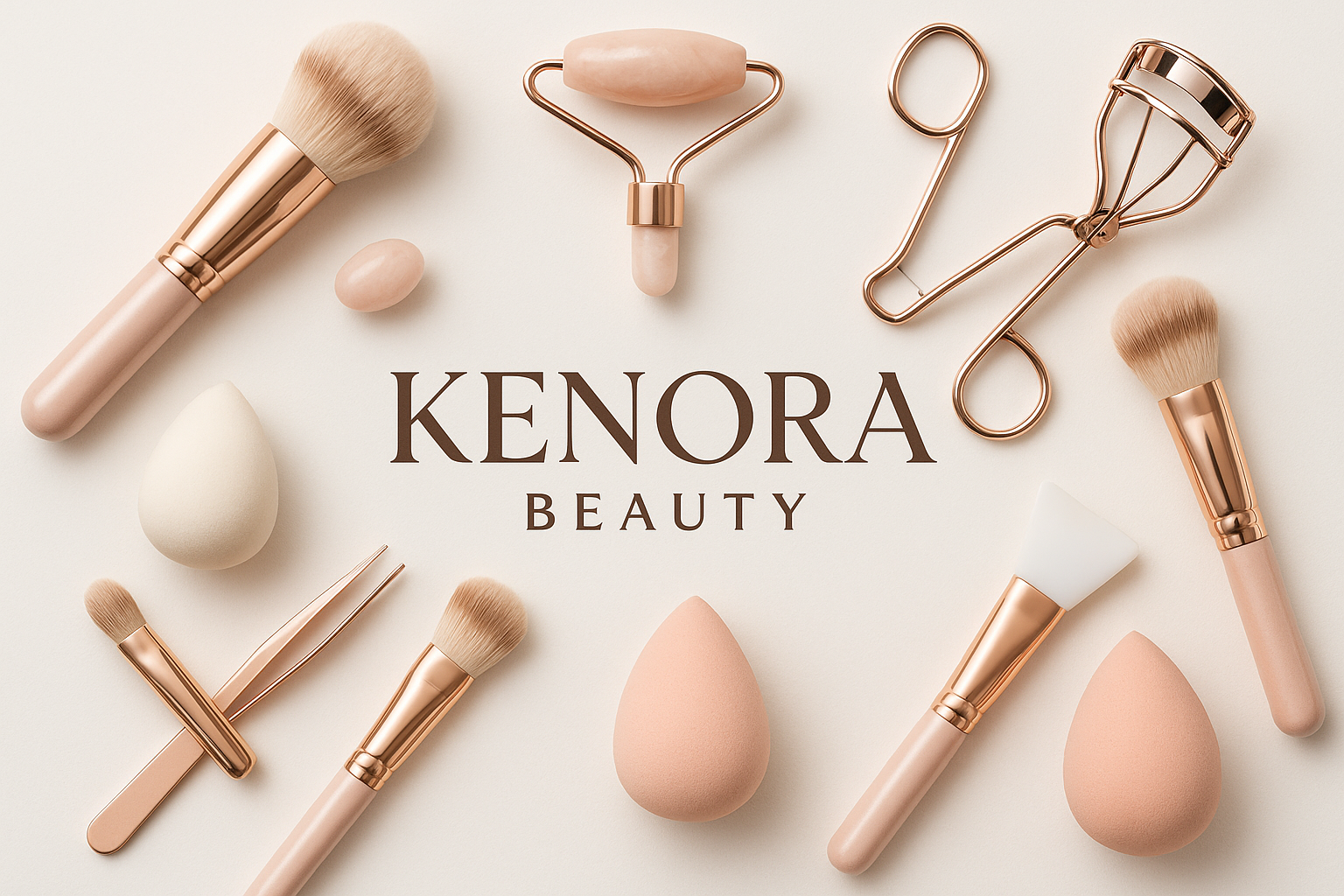 Tạo tôi một hình ảnh về các dụng cụ làm đẹp chăm sóc sắc đẹp kèm theo tên Kenora Beauty làm nổi bật lên ở giữa